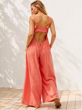 Free People Drifting Dreams Jumpsuit Coral Wide Leg Open Back Pockets S